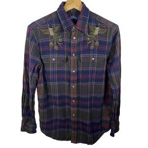 Polo Ralph Lauren Relaxed Fit Embroidered Peacock Plaid Flannel Shirt Women SP